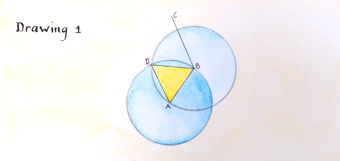 Euclid’s Proposition I.2, Drawing 1: the given point A, segment BC and equilateral triangle DAB.