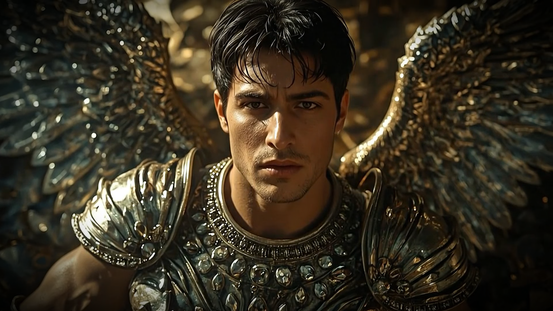 Cinematic depiction of Lucifer as a radiant angel before his fall, wearing ornate golden armor with dark metallic wings behind him.