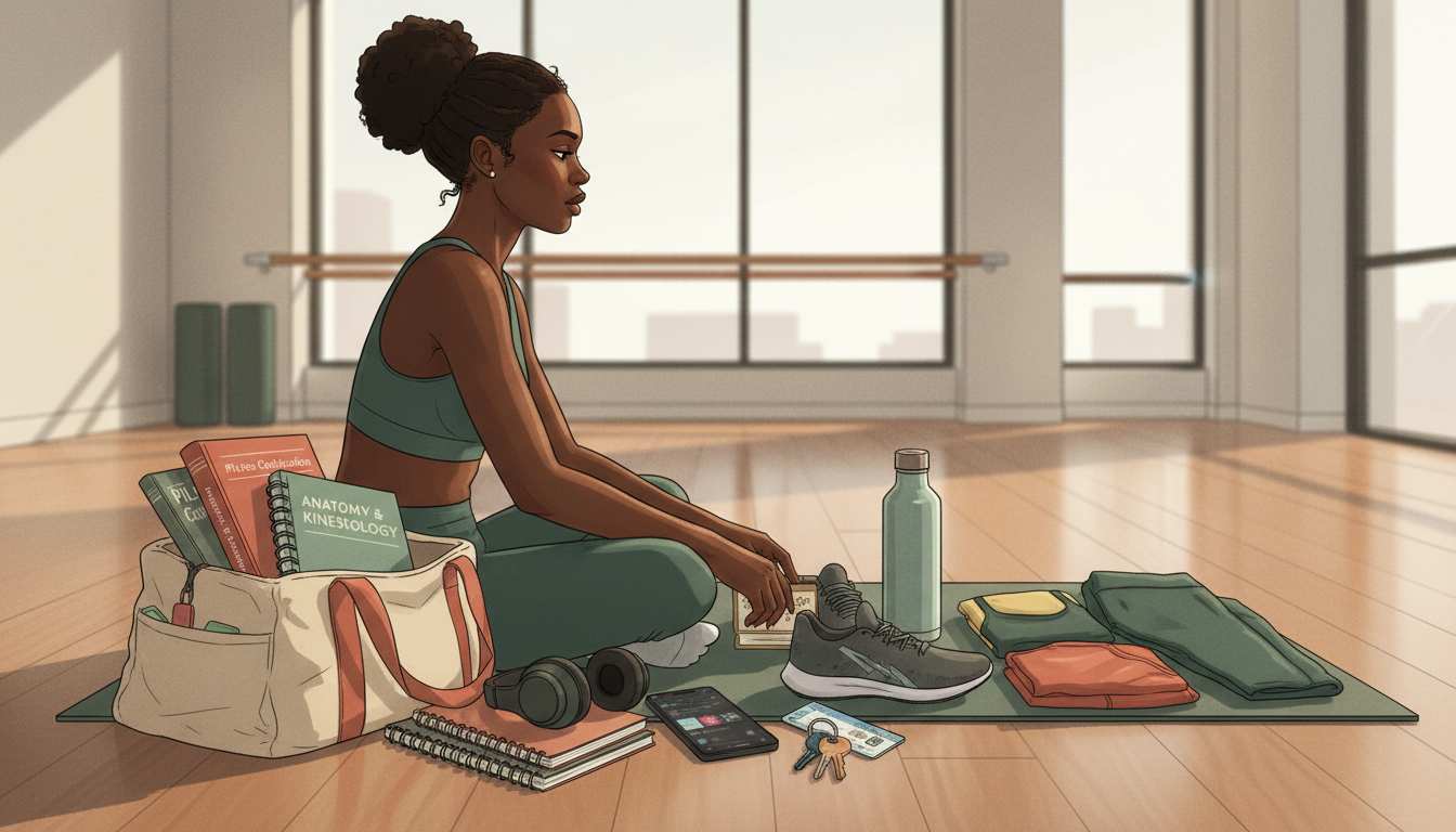 Black fitness instructor seated in a bright studio beside training books, teaching tools, workout gear, and professional resources.