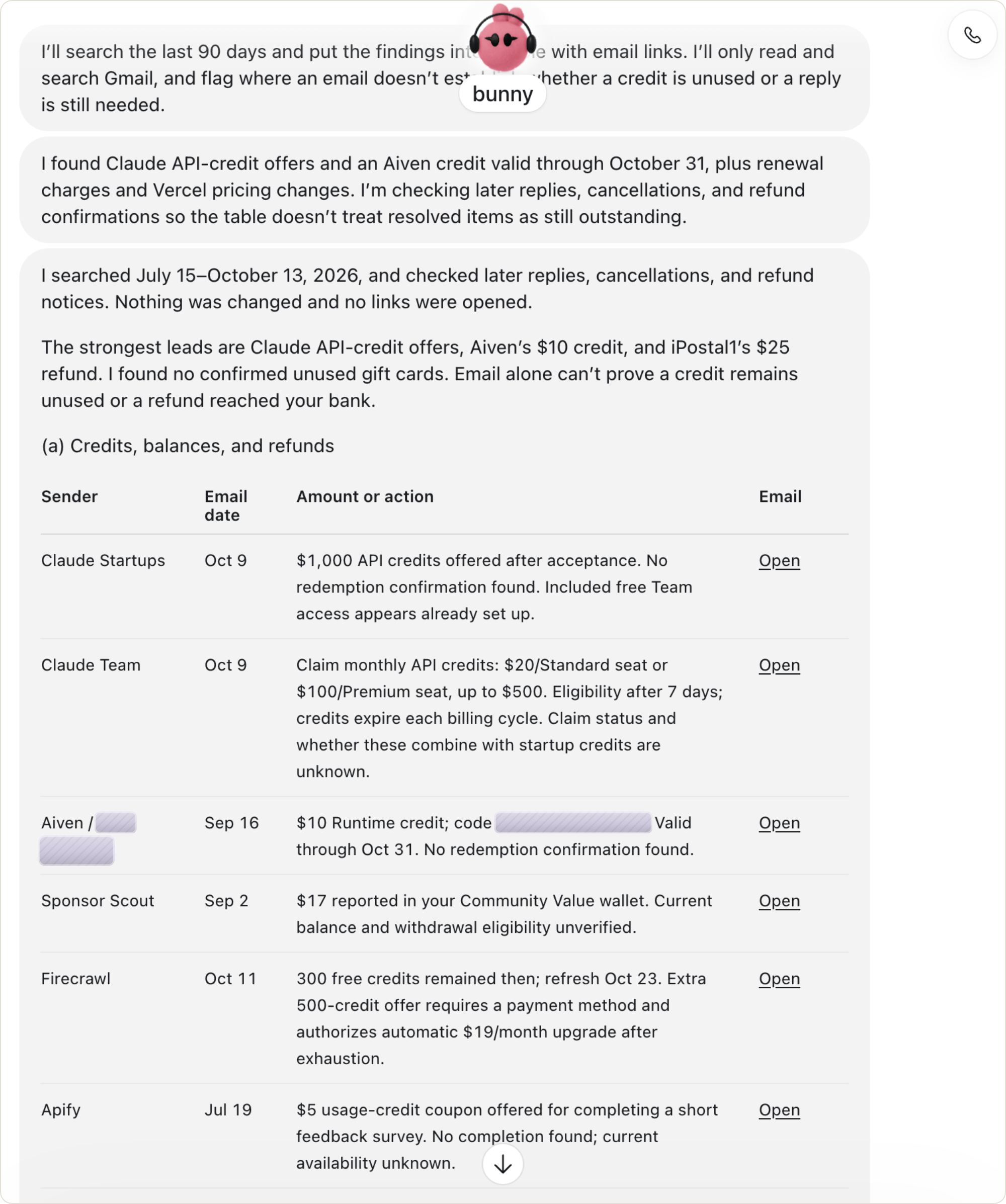 Bunny's Gmail sweep result: it searched July 15 to October 13, 2026, changed nothing, and lists credits in a table with sender, email date, amount or action and an Open link, including Claude API credit offers, a $10 Aiven credit valid through October 31, Firecrawl credits and an Apify coupon. A contact name and a promo code are hidden.