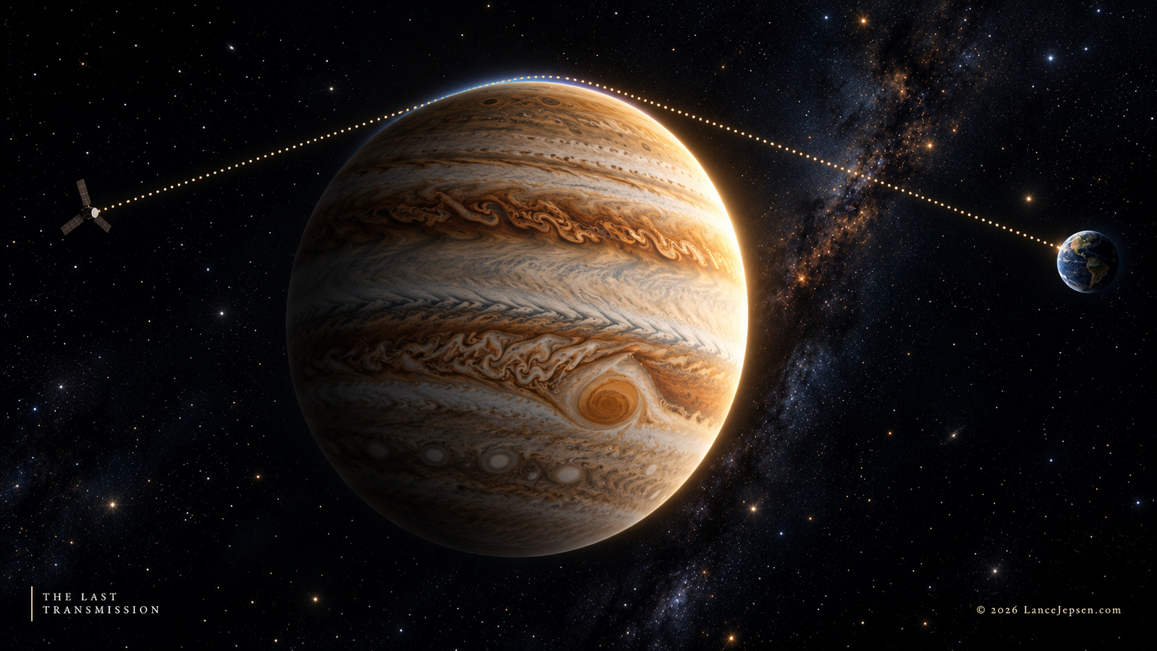 Conceptual view of Juno sending a radio signal through Jupiter’s atmospheric limb