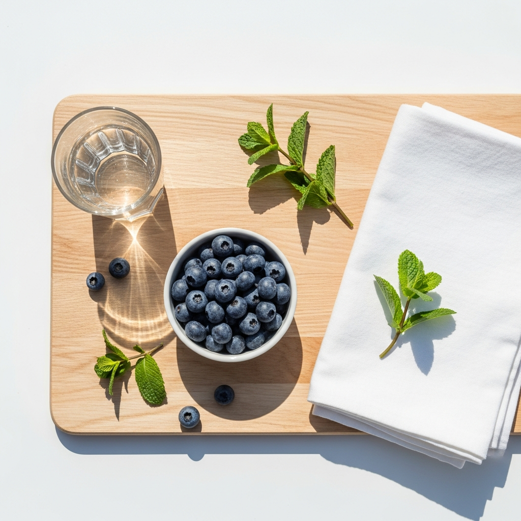 Overhead flat lay of a light wood surface with a small white bowl of blueberries, a glass of water, folded white linen, and a few sprigs of fresh mint, photographed in bright natural daylight with a clean white background