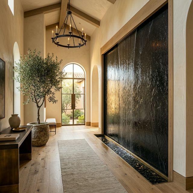 Indoor water feature in a modern entryway with honed basalt stone
