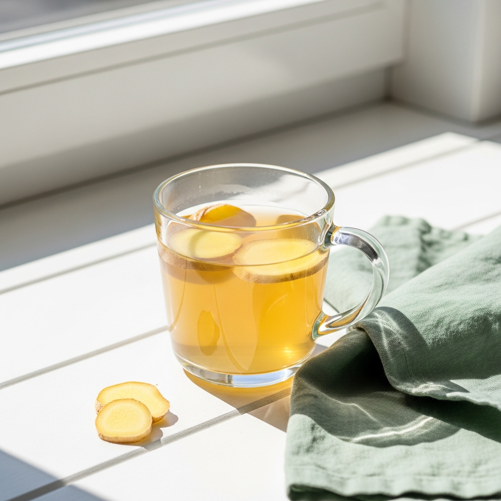 Bright photograph of a clear glass mug of pale golden ginger tea with fresh ginger slices floating inside, sunlit white kitchen bench, soft sage green linen napkin beside it, bright natural daylight, white background