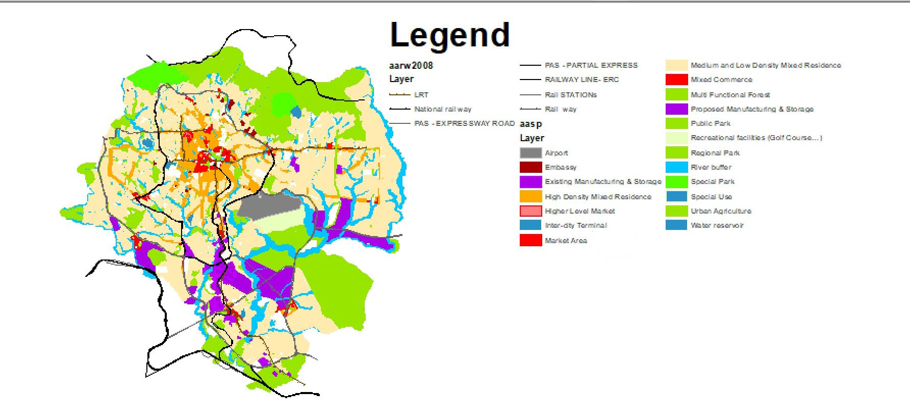 Proposed land-use map from the Addis Ababa Structure Plan 2017-2027, showing the transit-oriented land-use structure with LRT/BRT corridors, mixed-residence zones, industry and the green network (AACPPO).