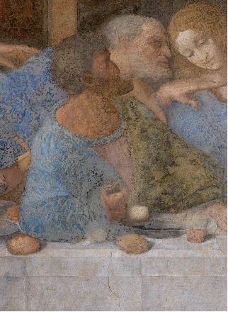 Close-up of apostles leaning together at the table in The Last Supper