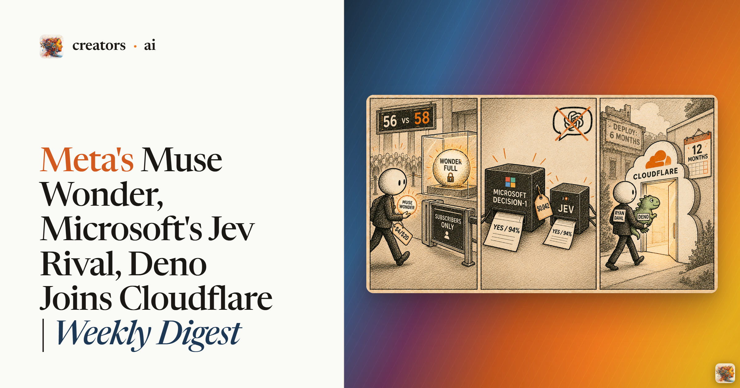 Newsletter artwork for “Meta’s Muse Wonder, Microsoft’s Jev Rival, Deno Joins Cloudflare | Weekly Digest”