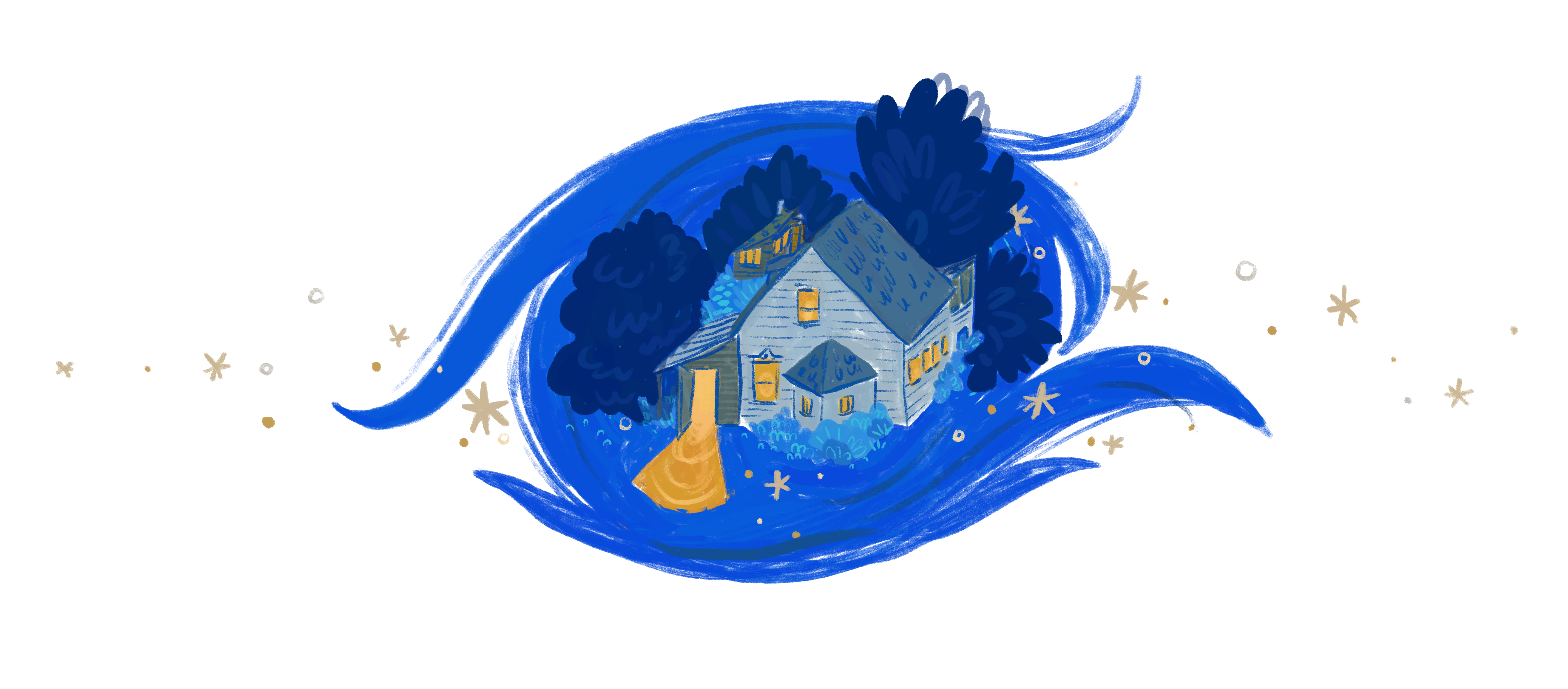 digitally illustrated schoolhouse in a swirl of blue with warm golden light spilling out of the doorway and lighting the windows.