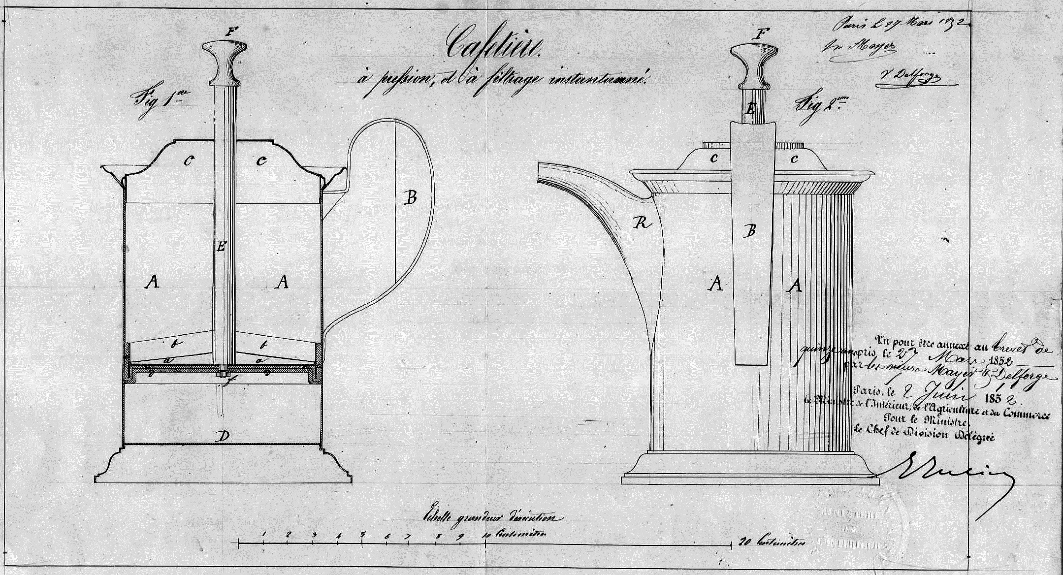 A drawn patent blueprint of a coffee press.