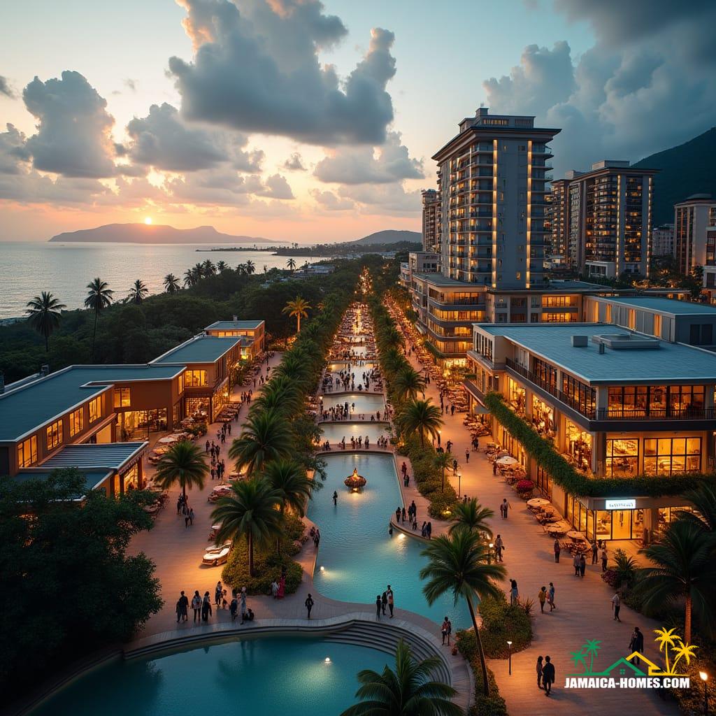 Aerial view of a vibrant mixed-use development in Jamaica, where coastal and urban landscapes blend seamlessly, as seen through the lens of a V-Raptor XL camera, with a warm, cinematic film grain and subtle vignette, evoking the feeling of a 35mm film still. The scene is set at dusk, with the golden hour casting a dramatic, warm glow on the sprawling complex, where modern residential towers rise alongside bustling commercial and recreational spaces. Color graded to perfection, the image exudes a sense of epic grandeur, with atmospheric lighting that highlights the vibrant colors of the Caribbean architecture. In the foreground, a bustling promenade teems with life, as people from all walks of life mingle, shop, dine, and work, surrounded by lush green spaces and tranquil water features, creating a stunning, cinematic representation of community and convenience, in the style of renowned architectural photographers, Iwan Baan, Albert Vecerka, and Thomas Struth.