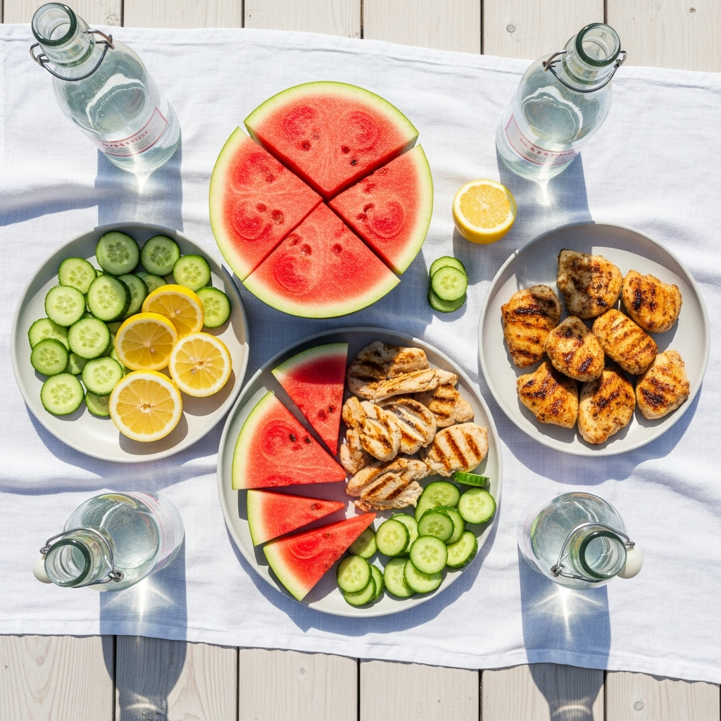 Overhead flat lay of a summer picnic spread on a white linen cloth — sliced watermelon, grilled chicken pieces, lemon wedges, cucumber slices, glass water bottles, all bright and sunlit on a light wood surface