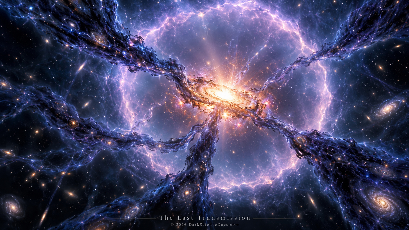 Artist’s interpretation of a brilliant early galaxy inside a vast ionized bubble while cold cosmic filaments continue feeding matter inward around it, creating both a window and an obstacle for escaping light.
