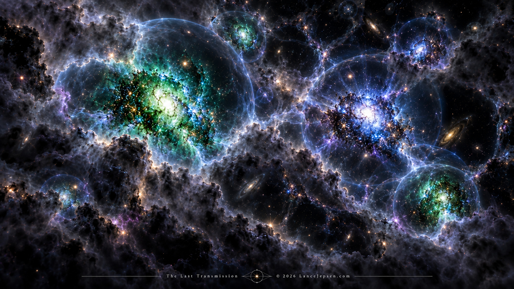 AI illustration of galaxies sending ionizing light into early cosmic hydrogen