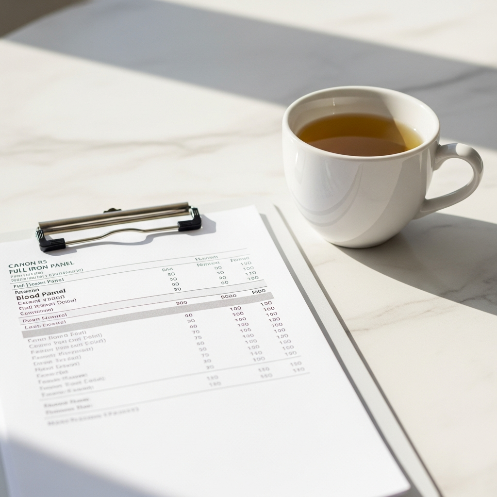 Light and airy close-up of a full iron panel blood test result printout on a white clipboard, beside a small white ceramic cup of green tea on a pale marble countertop, bright natural daylight, no faces, no text visible on the form