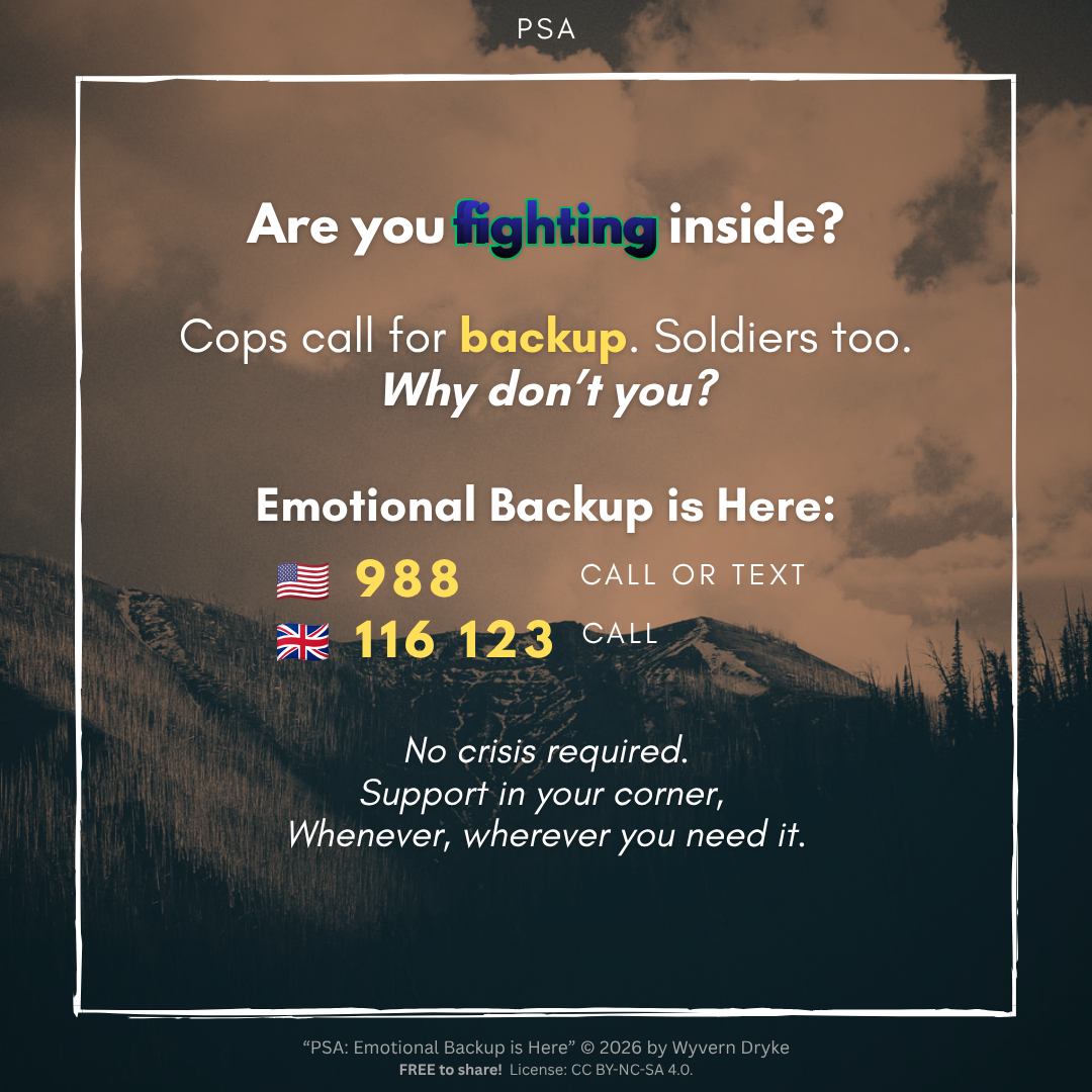 Stark mountain and cloudy sky. Text reads: Emotional backup is here: Call 988 (US) or 116 123 (UK).