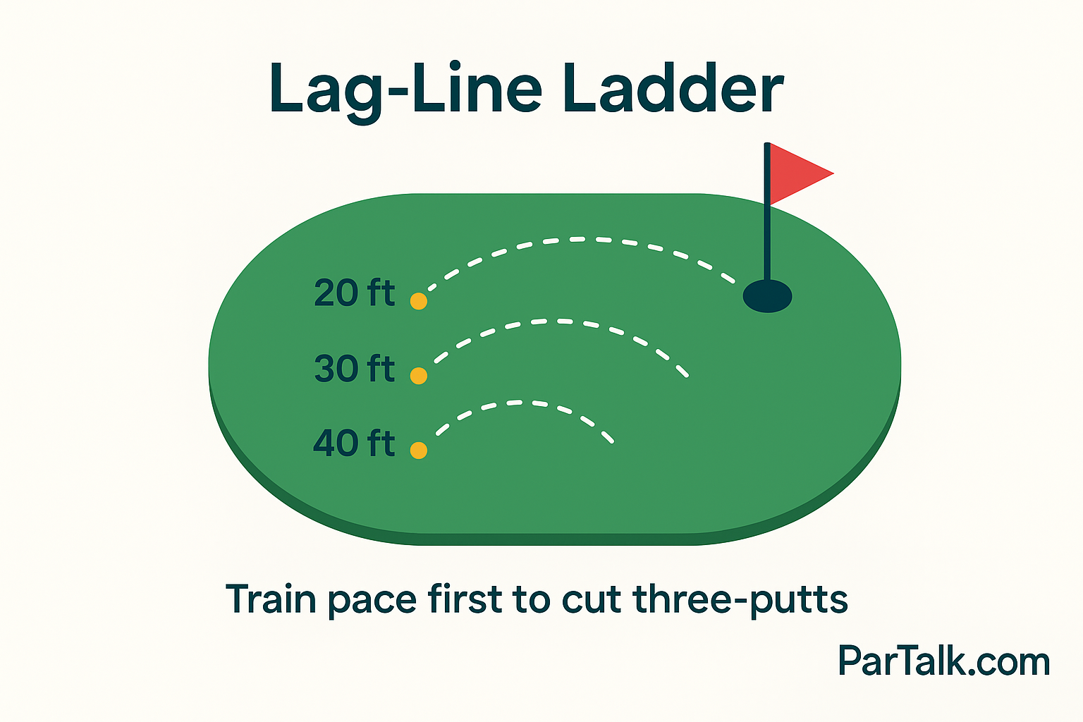 Lag-Line Ladder putting drill: top-down green with 20-, 30-, and 40-ft stations and dashed roll paths to the hole—train pace to cut three-putts (ParTalk.com).