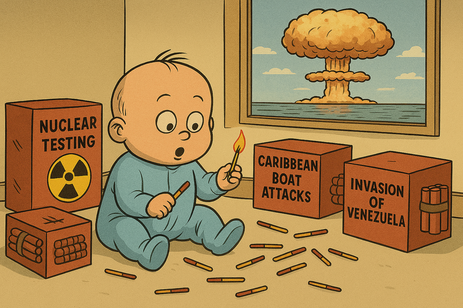 A cartoon of a baby playing with matches
AI-generated content may be incorrect.