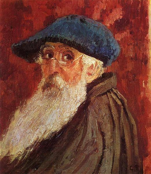 Painted portrait of Camille Pissarro with glasses, blue cap, and long white beard
