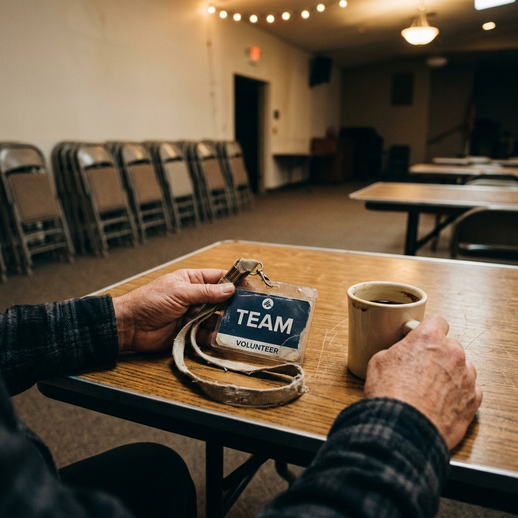 Volunteer badge and coffee cup on empty table in church fellowship hall