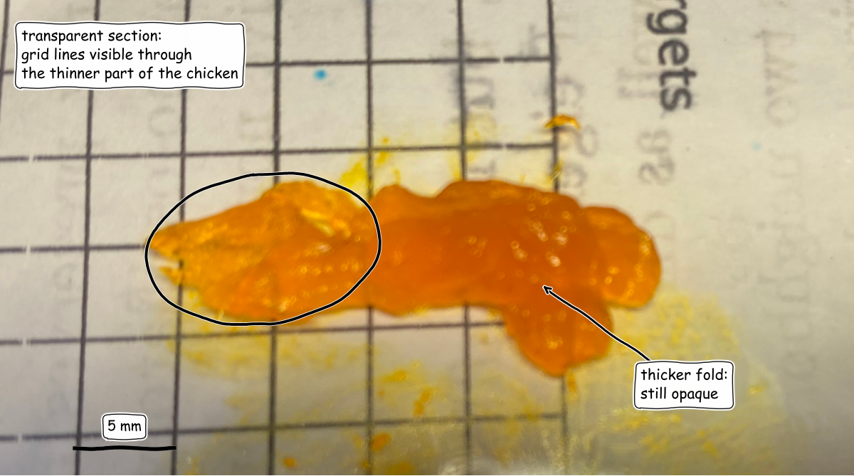 Une tranche de poulet traitée à la tartrazine laisse apparaître une grille sous un éclairage