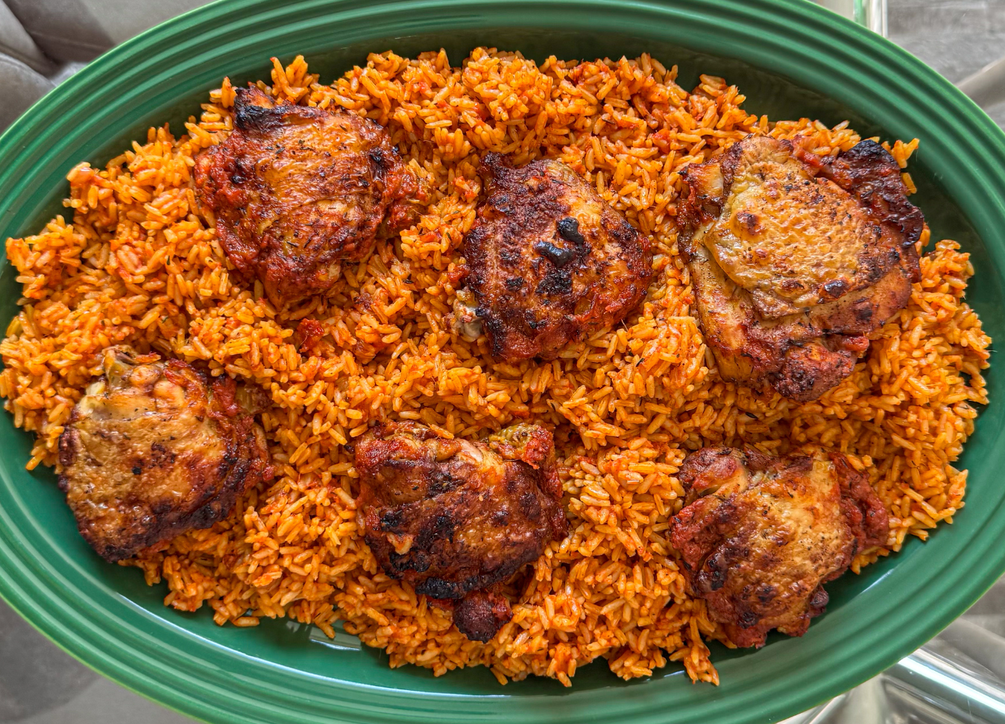 Smoked Pepper Jollof Rice with Golden Fried Chicken