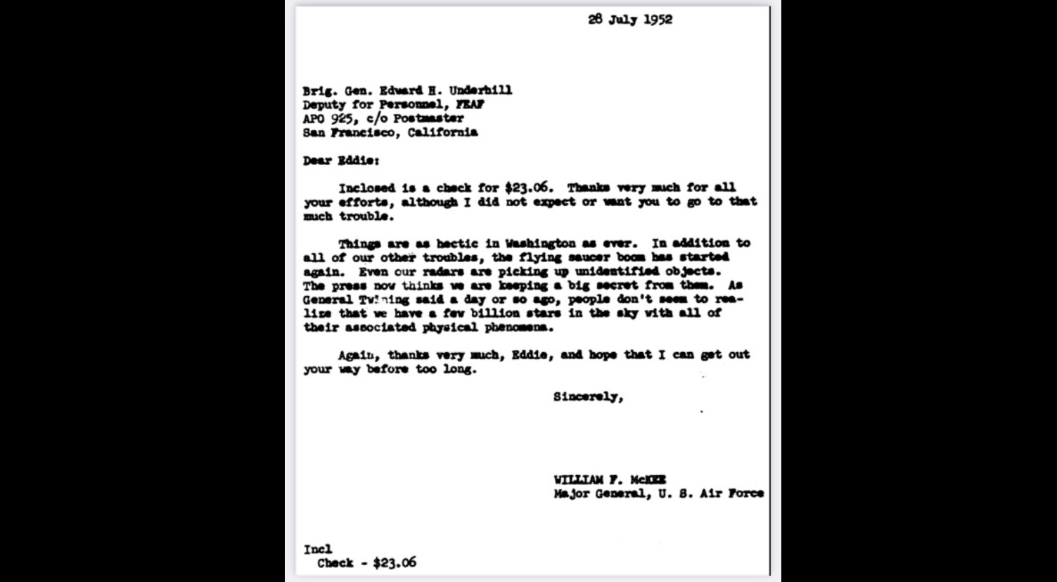 U.S. government UFO document: Letter sent by Major General William F. McKee (USAF) to Brigadier General Edward H. Underhill (USAF)