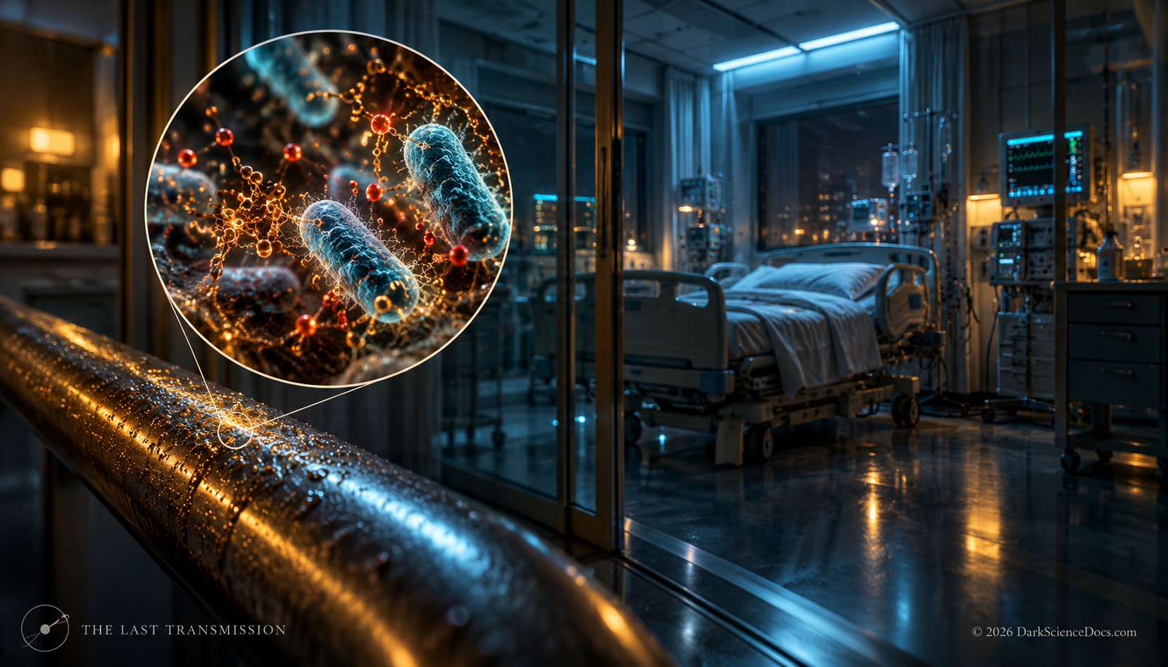 Concept artwork. An imagined hospital connects cellular stress history with an infection research question.