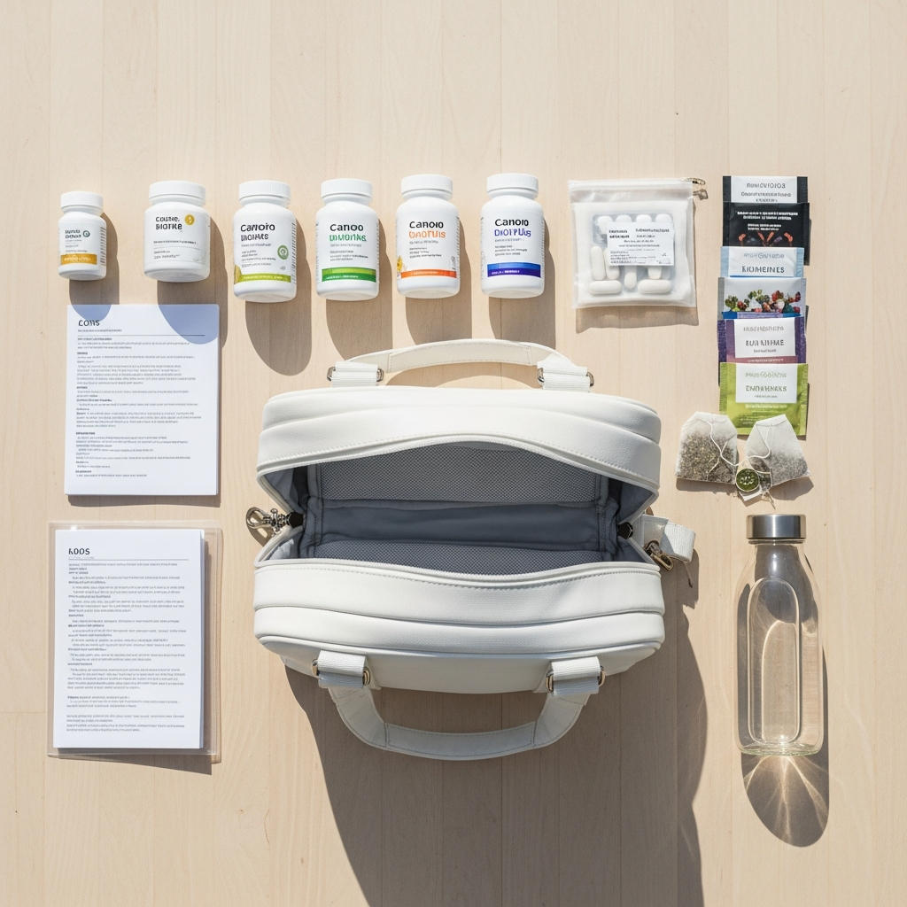 Overhead flat lay of a bright white travel bag open on a light wood surface, surrounded by neatly arranged supplement bottles, a small medication pouch, a folded document in a clear sleeve, herbal tea bags, and a glass water bottle, in bright natural daylight