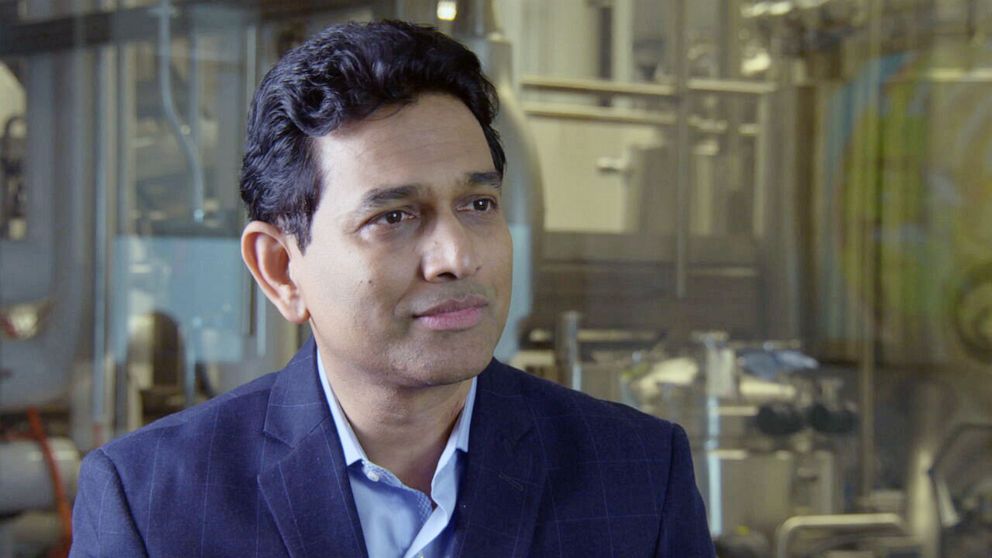 PHOTO: Dr. Uma Valeti, founder and CEO of UPSIDE Foods, speaks to ABC News inside the company's Emeryville, Calif., facility.