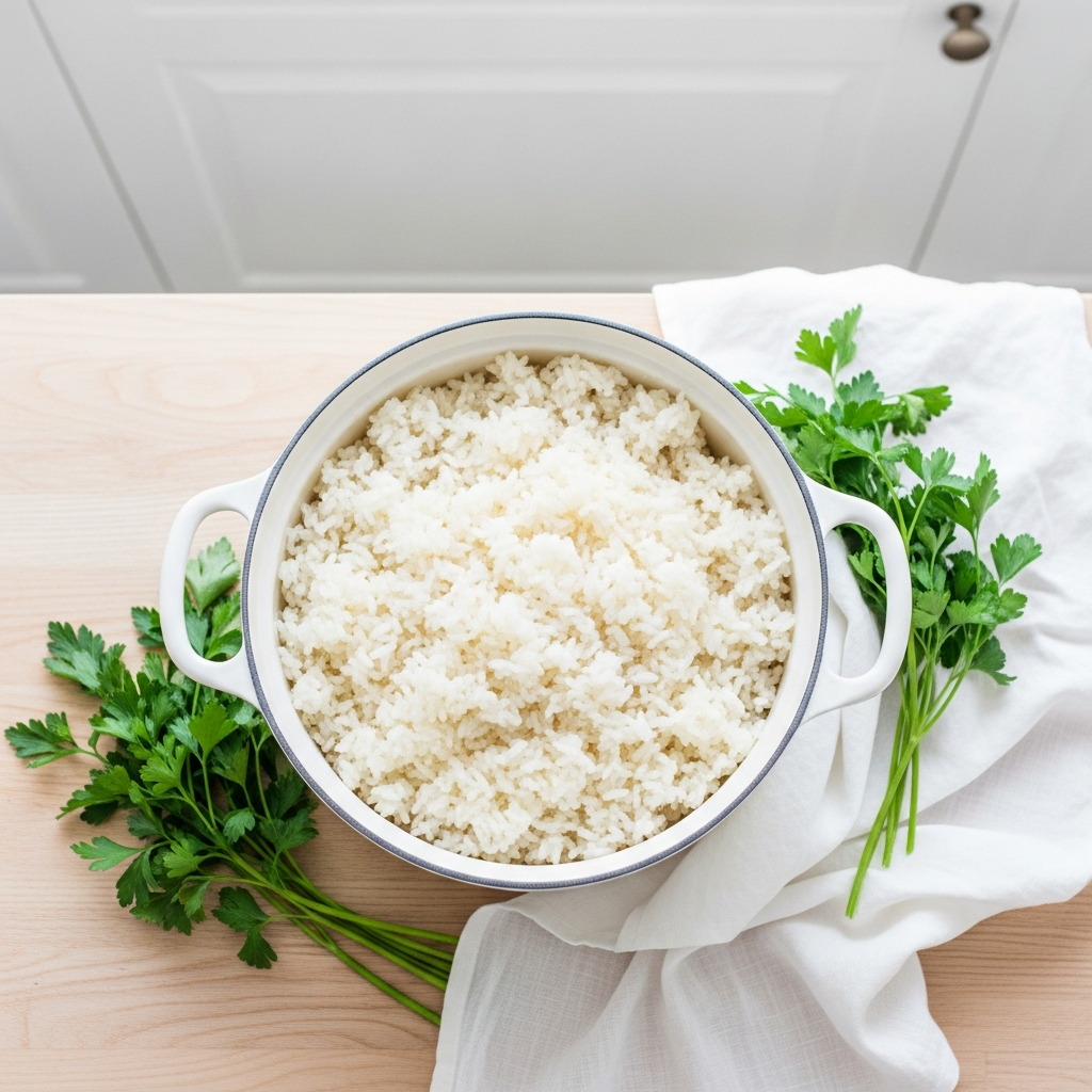 Overhead flat lay of a large white ceramic pot filled with fluffy cooked white rice on a light wood surface, bright natural daylight, fresh parsley sprigs alongside, white linen cloth, airy white kitchen background