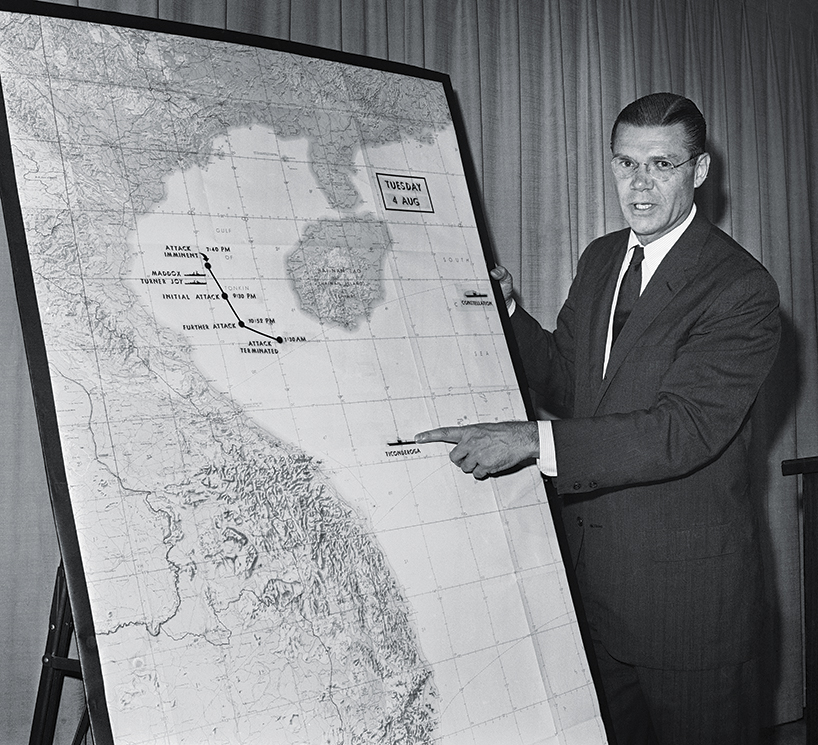 Secretary of Defense Robert S. McNamara briefs the press on the Gulf of Tonkin
