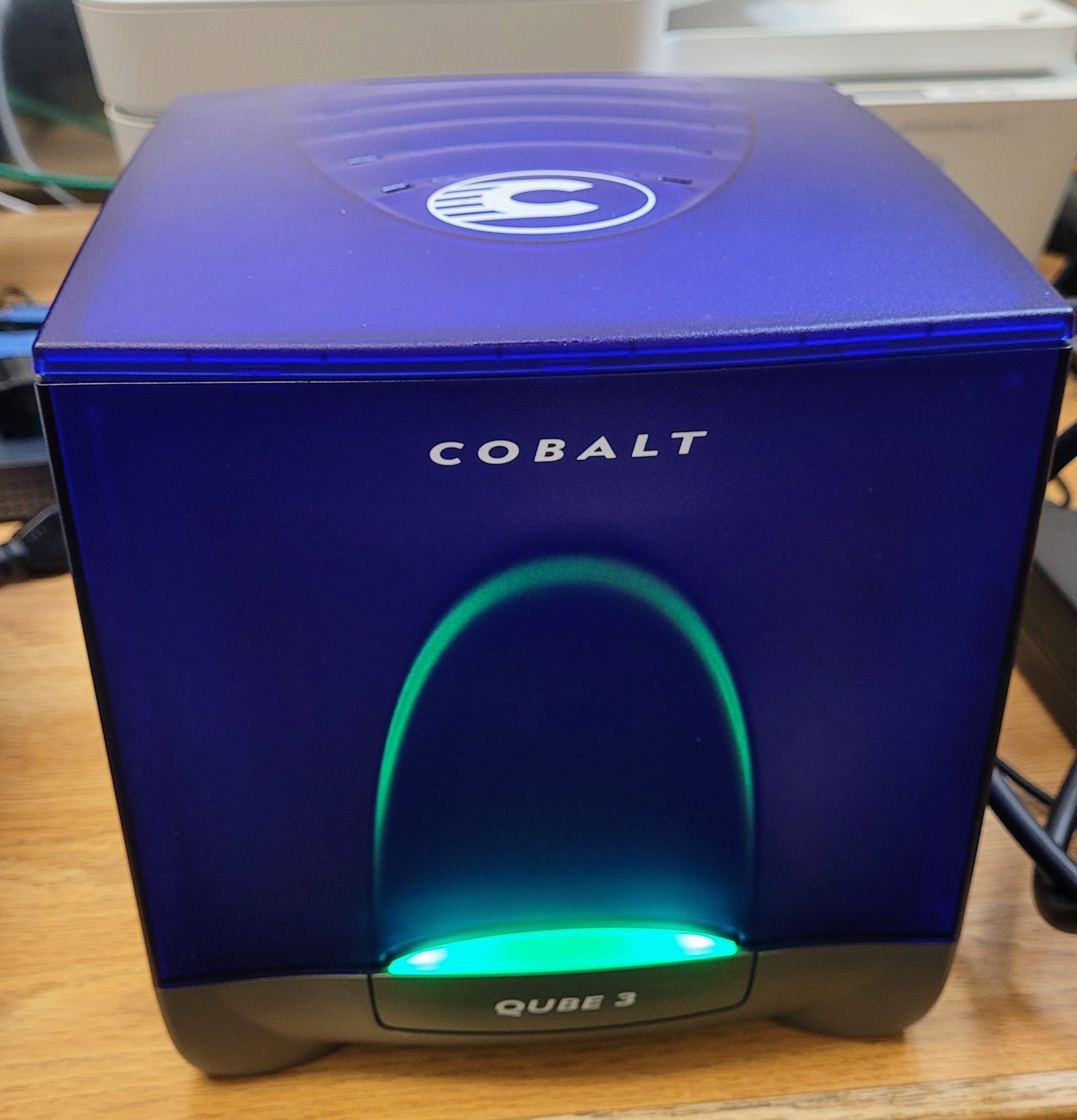 Qube 3 with the lovely green glow of a working machine