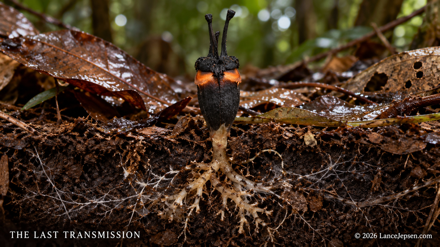 Conceptual cutaway of a Thismia flower above soil and roots with fungal threads below