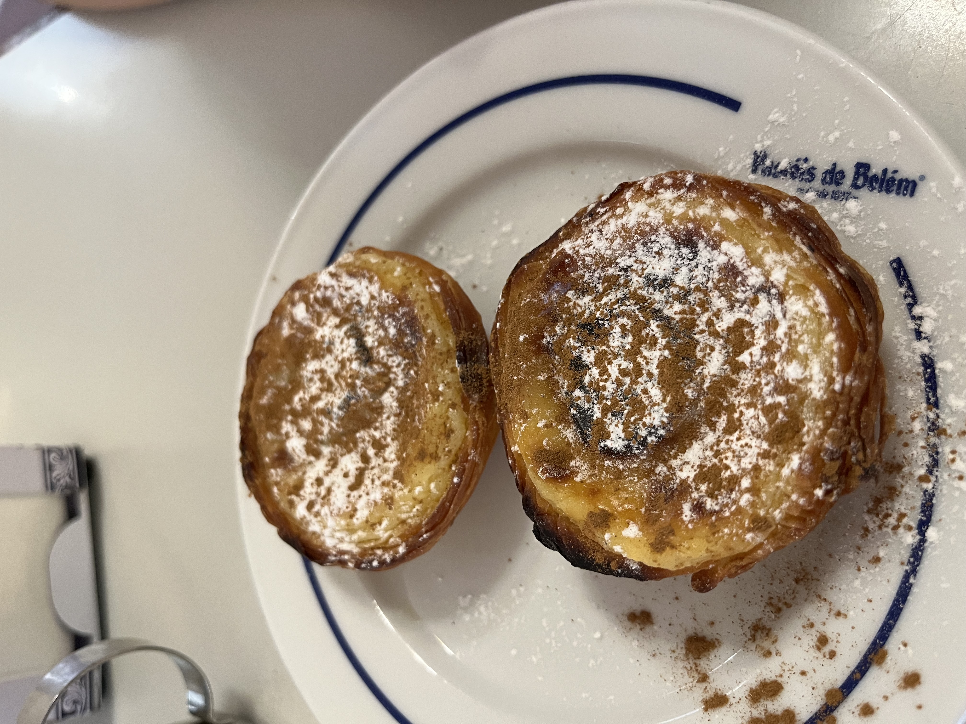 Two pastel de nata tarts sprinkled with cinnamon and sugar on a plate