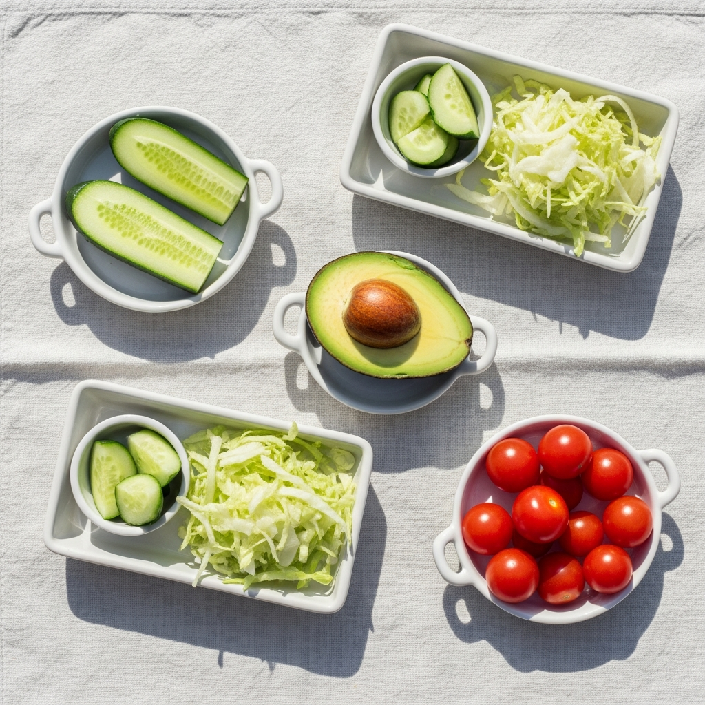 Overhead flat lay of small white ceramic dishes containing peeled cucumber, ripe avocado halves, shredded iceberg lettuce, and cherry tomatoes on a cream linen cloth in bright natural daylight