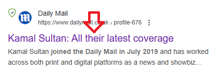 Screenshot of a Google search for 'Kamal Sultan' with the header under a Daily Mail logo: Kama Sultan: All their latest coverage. There is a red arrow pointing to the word 'their'