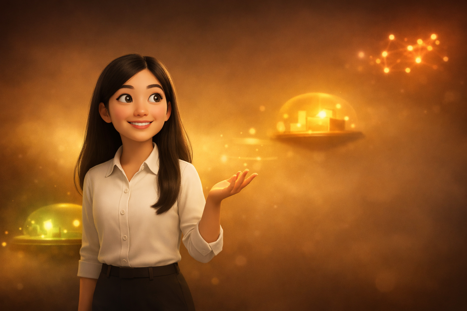 Pixar-style 3D illustration of Jenny Ouyang from Build to Launch gazing at three distant glowing platforms rising through golden haze, representing a progression from beginner builds to interconnected personal systems