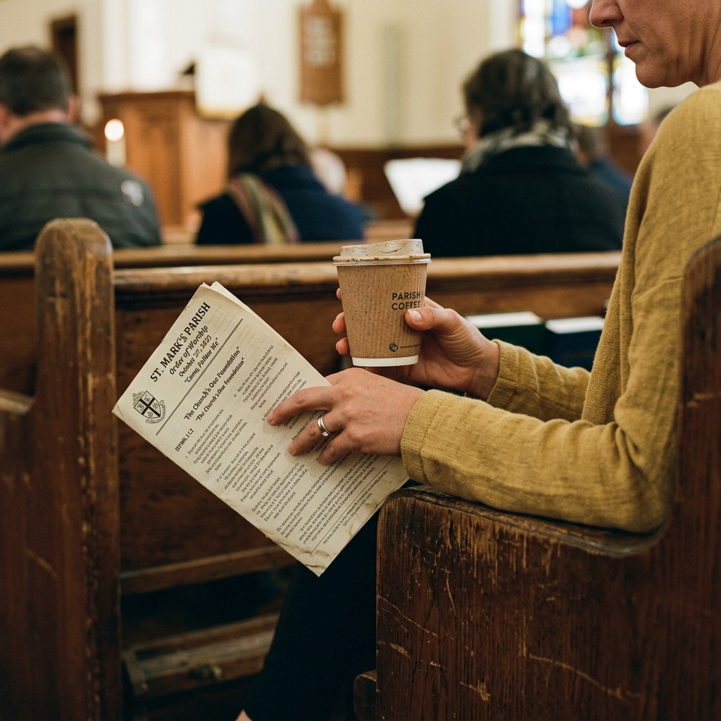 Close up of nervous hands gripping a coffee cup in a church lobby with blurry greeters in background