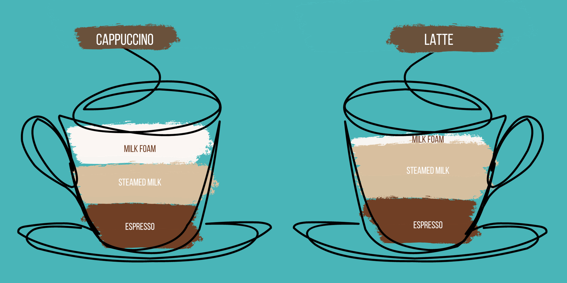 A diagram of the various amounts of espresso vs steamed milk vs milk foam in cappuccino and latte coffee drinks.