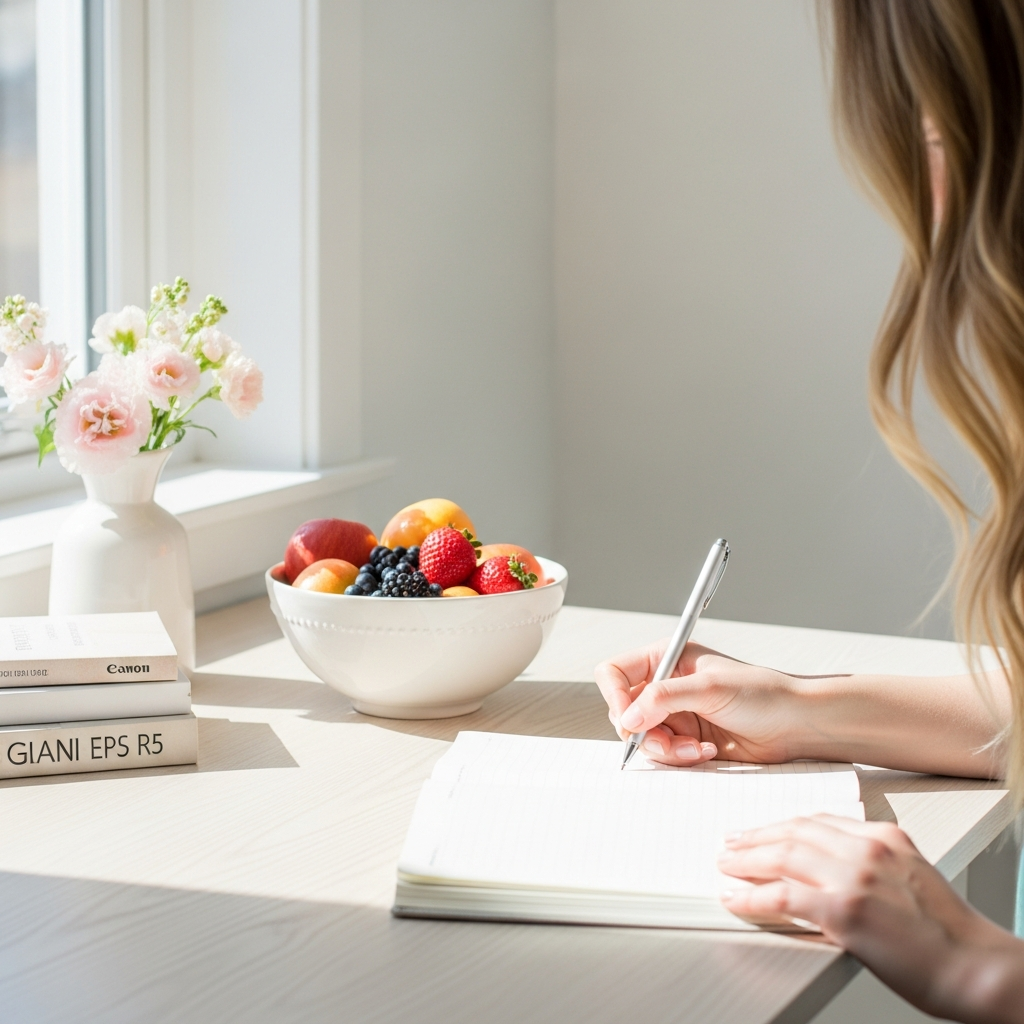 Bright photograph of a woman's hand writing in an open journal on a sunlit light wood desk, a white ceramic bowl of fresh fruit nearby, pale pink flowers in a small vase, airy white room background