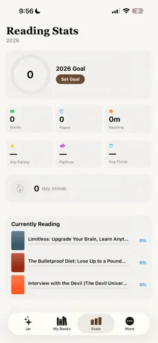 TBR Book Jar reading stats dashboard with yearly goal, streak tracker, and activity heatmap