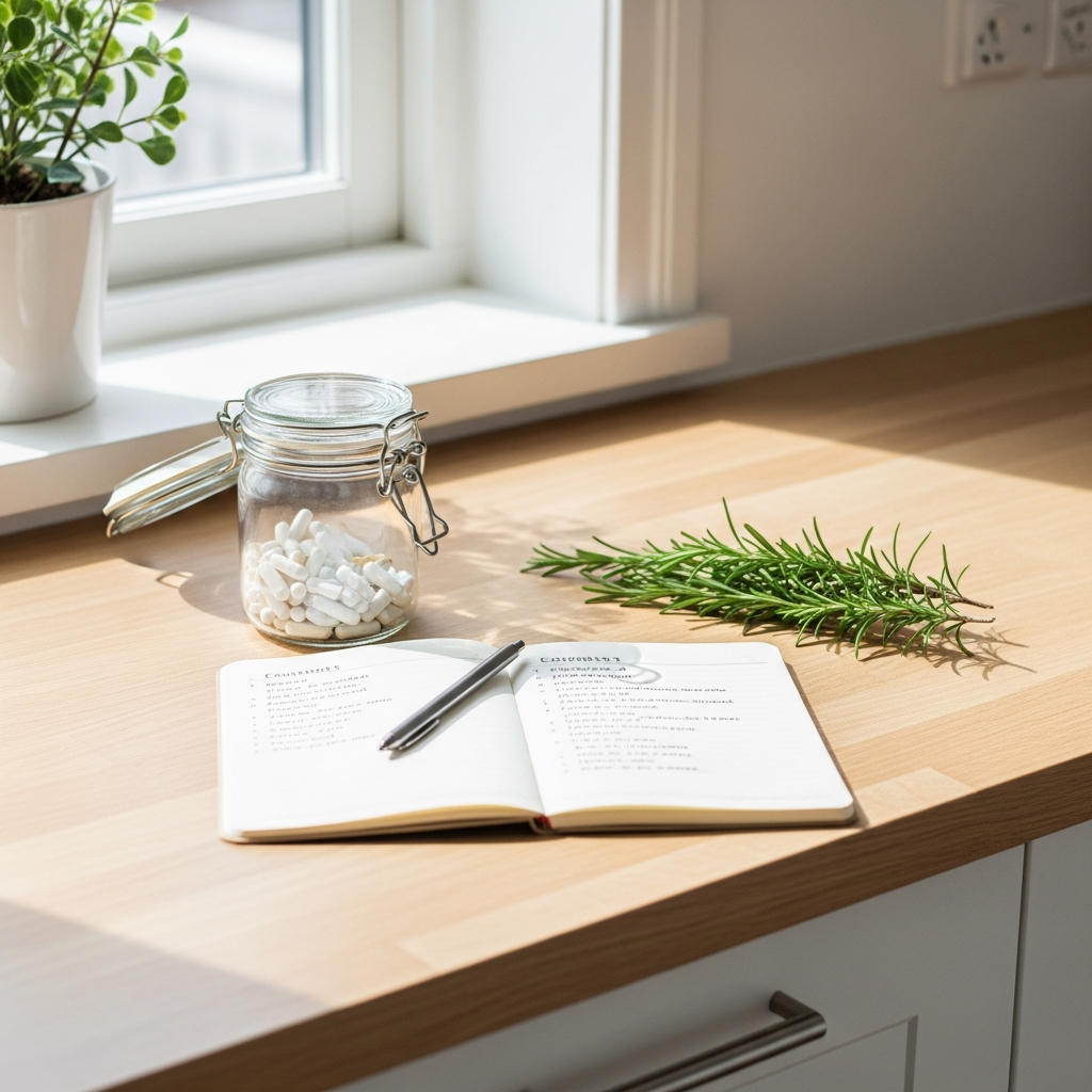 Bright photograph of a light wood kitchen bench with a glass jar of supplements, a small notebook open to a handwritten list, and a sprig of fresh rosemary, flooded with natural daylight from a nearby window