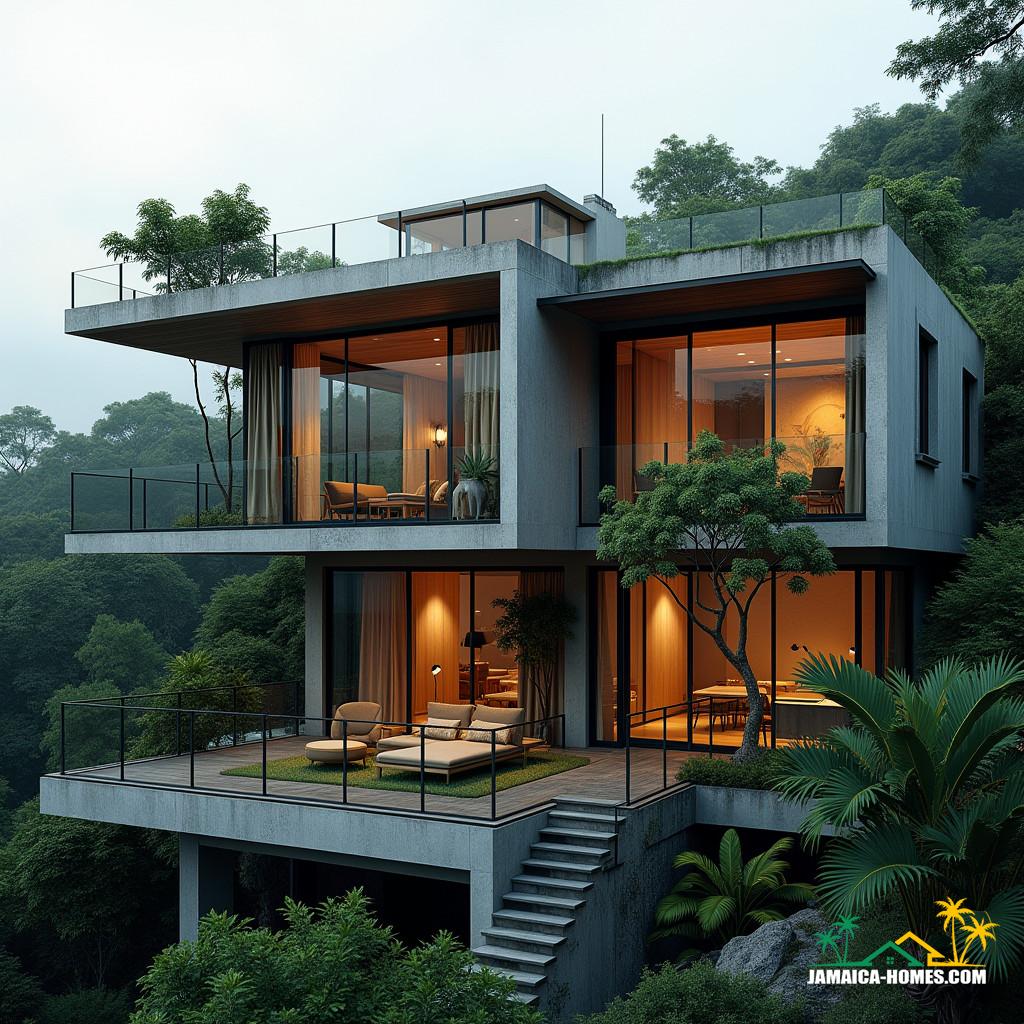 A sleek, ultra-modern urban house with a fusion of industrial and tropical design elements, set against a dramatic, cinematic backdrop. Exposed steel beams and concrete walls provide a rugged contrast to the lush greenery and wooden accents that wrap around the structure. Large glass panels allow for an abundance of natural light, illuminating the flexible live-work spaces within. Smart home technology is seamlessly integrated, while a rooftop lounge area offers a tranquil retreat.