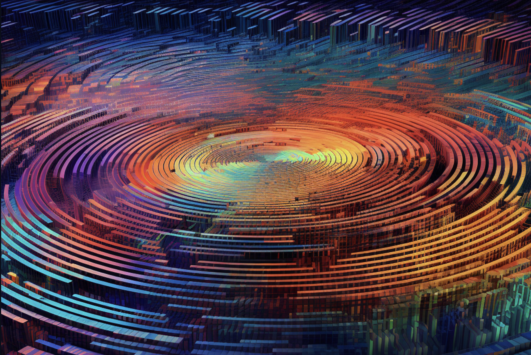 Midjourney; Generative art for a crypto and AI hackathon subtly referencing to the history of computers and colourful silicon wafers. Hyper modern, aesthetic, high resolution.