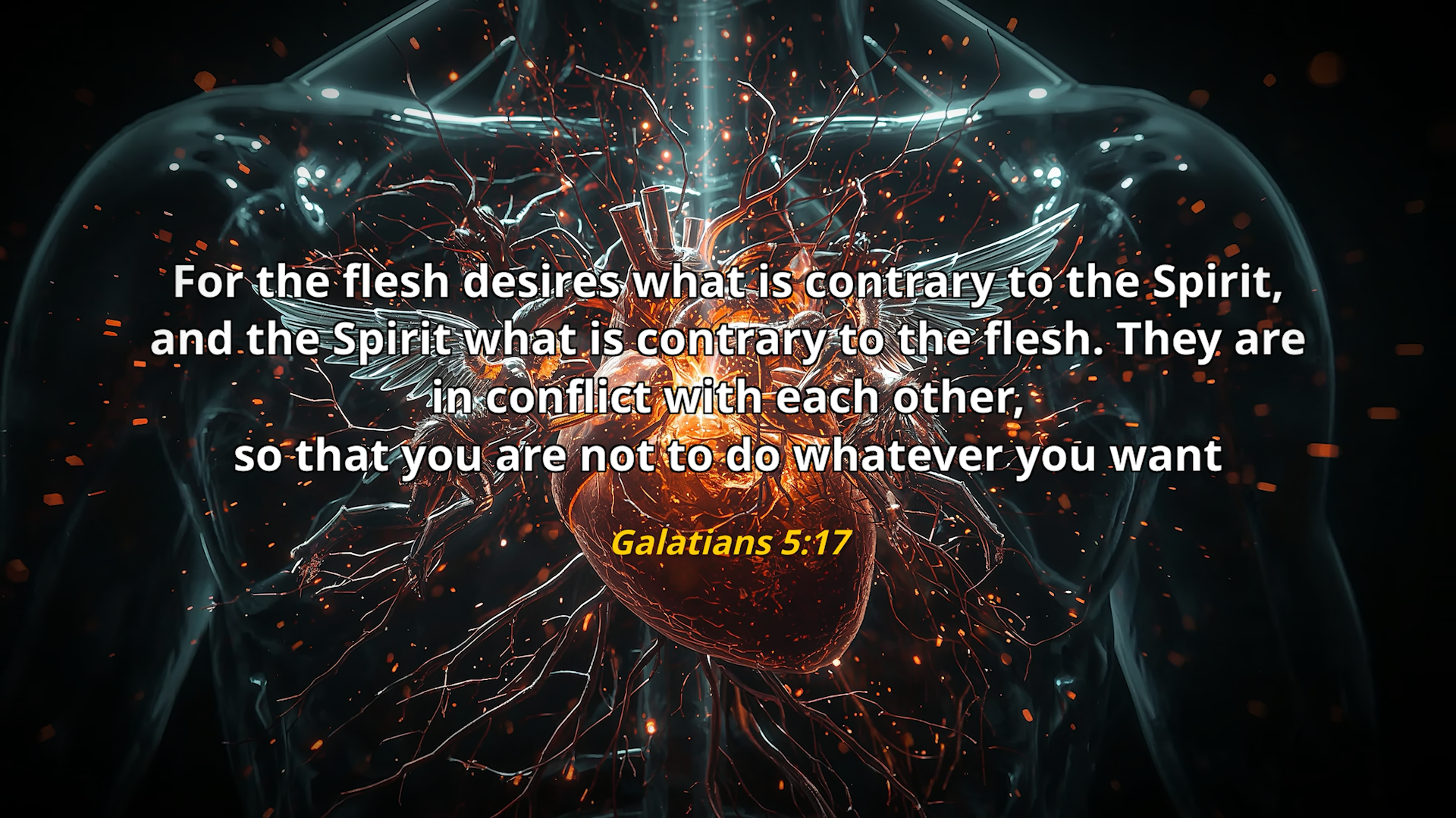 Digital artwork of a glowing human heart inside a transparent chest, representing the inner conflict between the flesh and the Spirit.