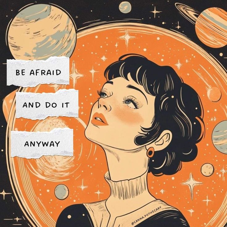 This may contain: an image of a woman looking up at the sky with planets and stars in the background