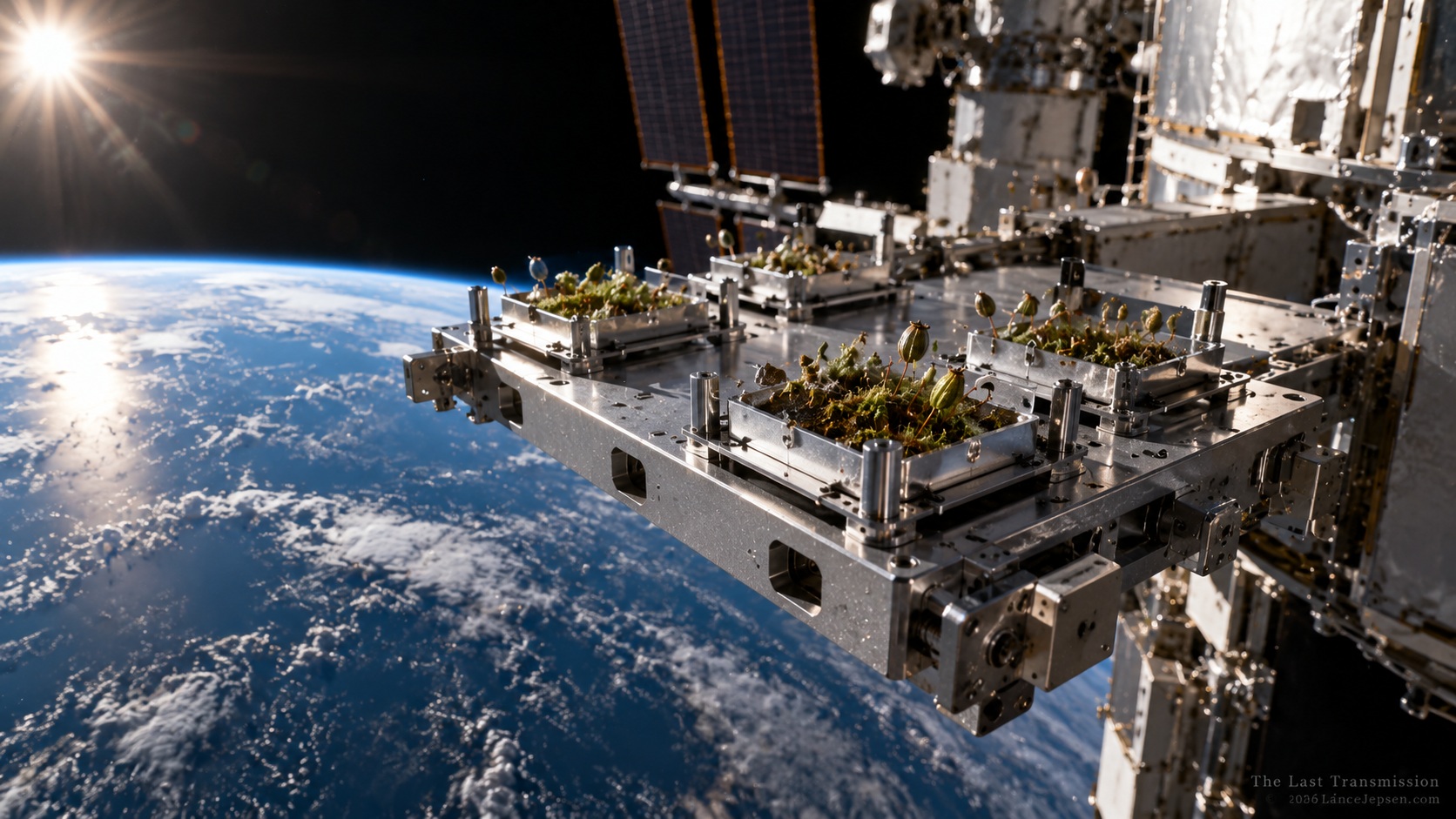 Conceptual moss samples mounted outside an orbital laboratory