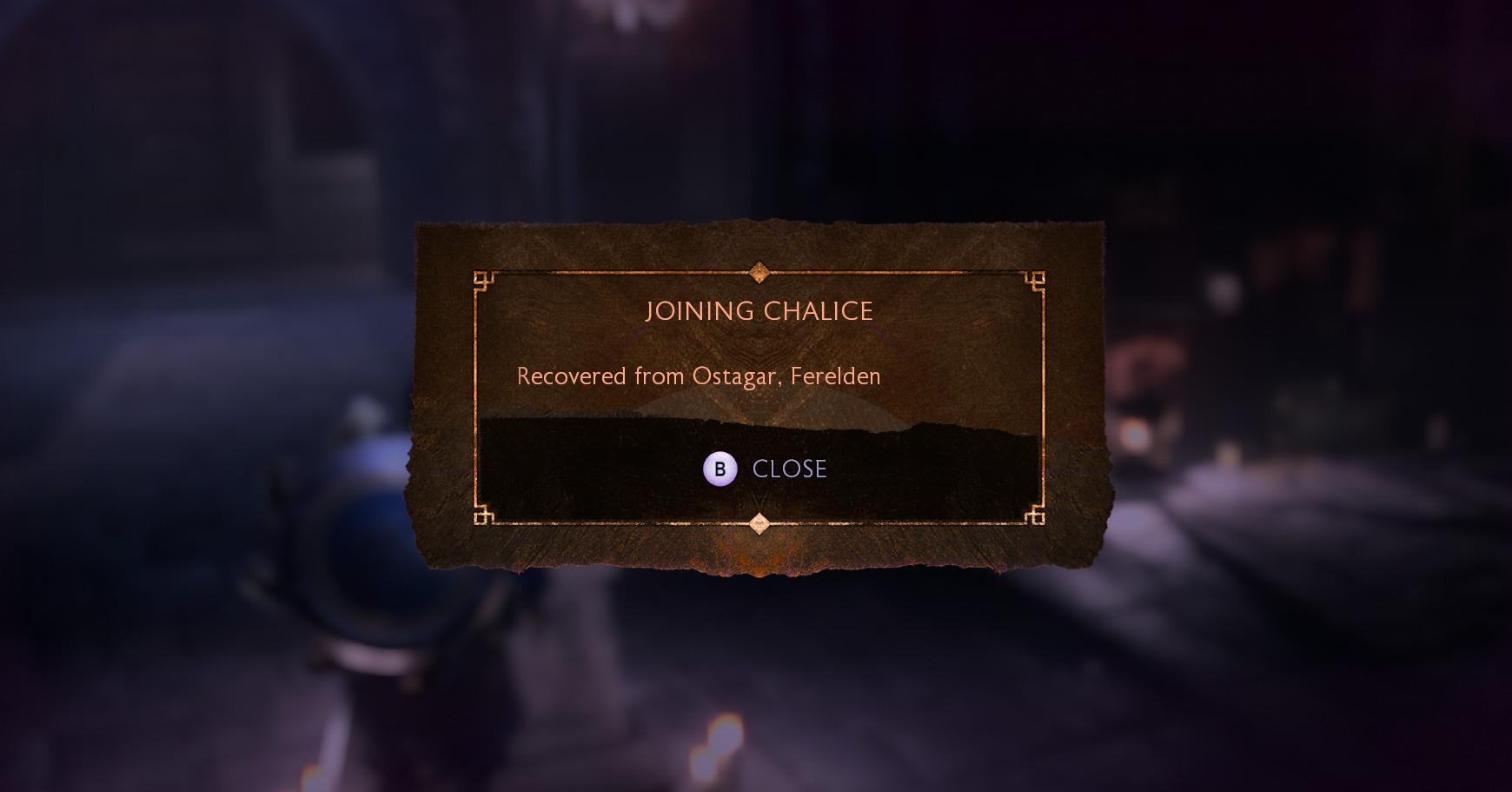 A screenshot of Dragon Age: The Veilguard that reads: JOINING CHALICE. Recovered from Ostagar, Ferelden.