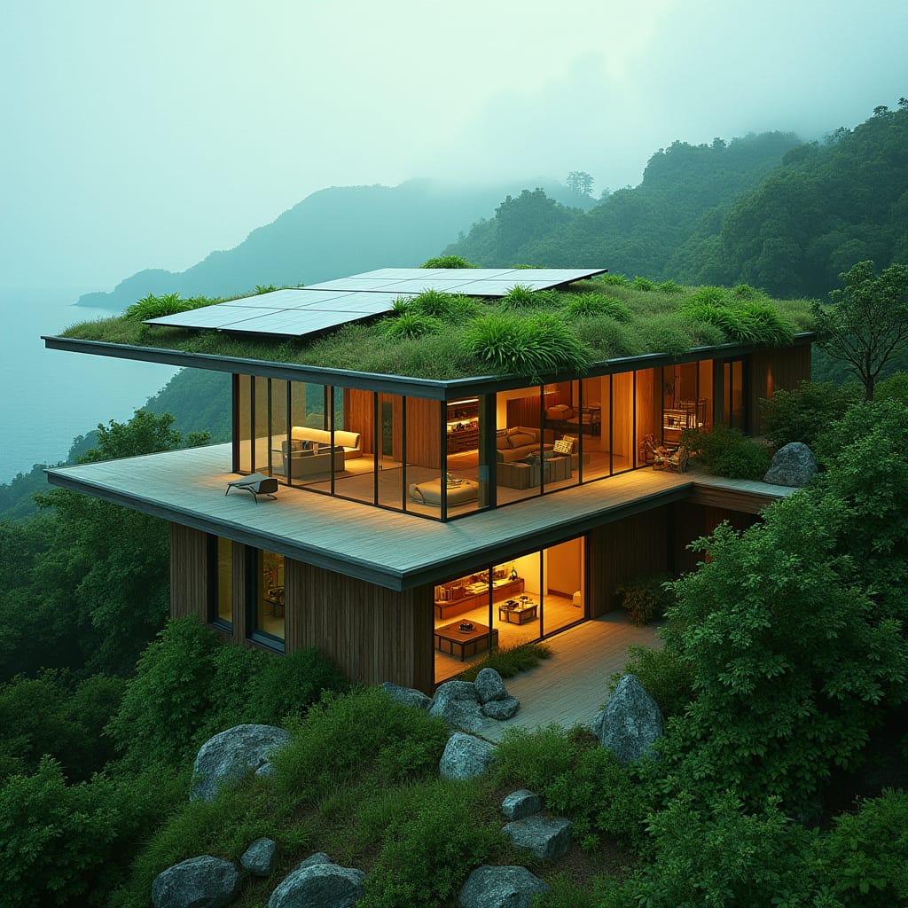 Contemporary green home in Jamaica featuring a stunning green roof, solar panels, extensive use of glass for natural light, and an innovative rainwater harvesting system. A perfect blend of sustainable design and modern aesthetics.