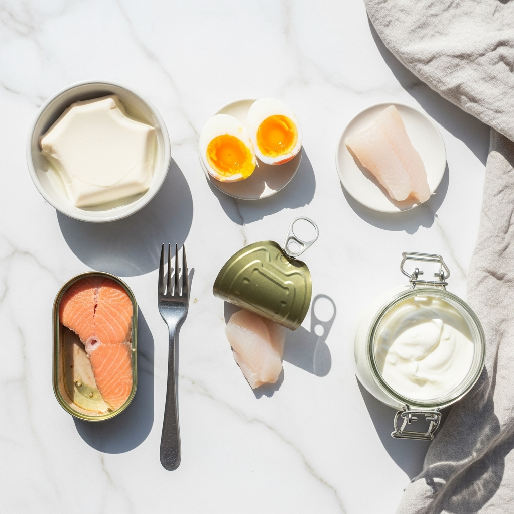 Overhead flat lay of five gut-friendly protein sources on a white marble surface in natural daylight: a small bowl of silken tofu, a soft-boiled egg halved, a can of salmon open beside a fork, a small white fish fillet, and a glass jar of plain Greek yoghurt, styled with a pale linen cloth